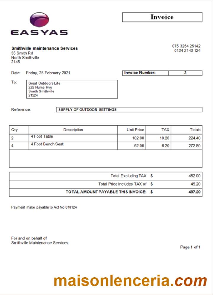 USA Easyas Driver Training invoice word and PDF template